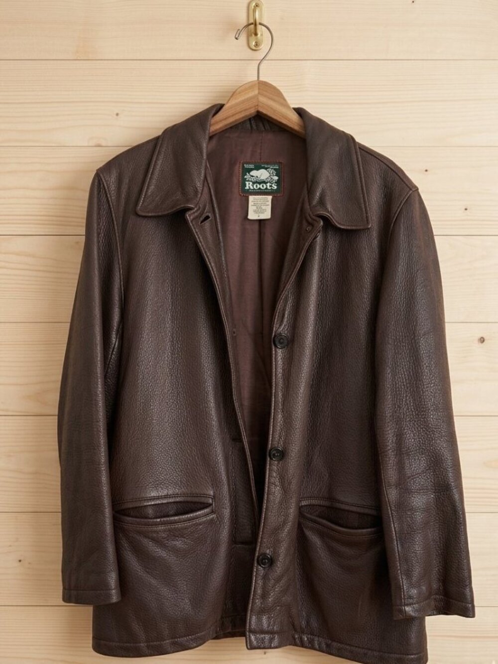 RARE Y2K ROOTS BROWN LEATHER COAT, SIZE MEDIUM — MADE IN CANADA 🇨🇦